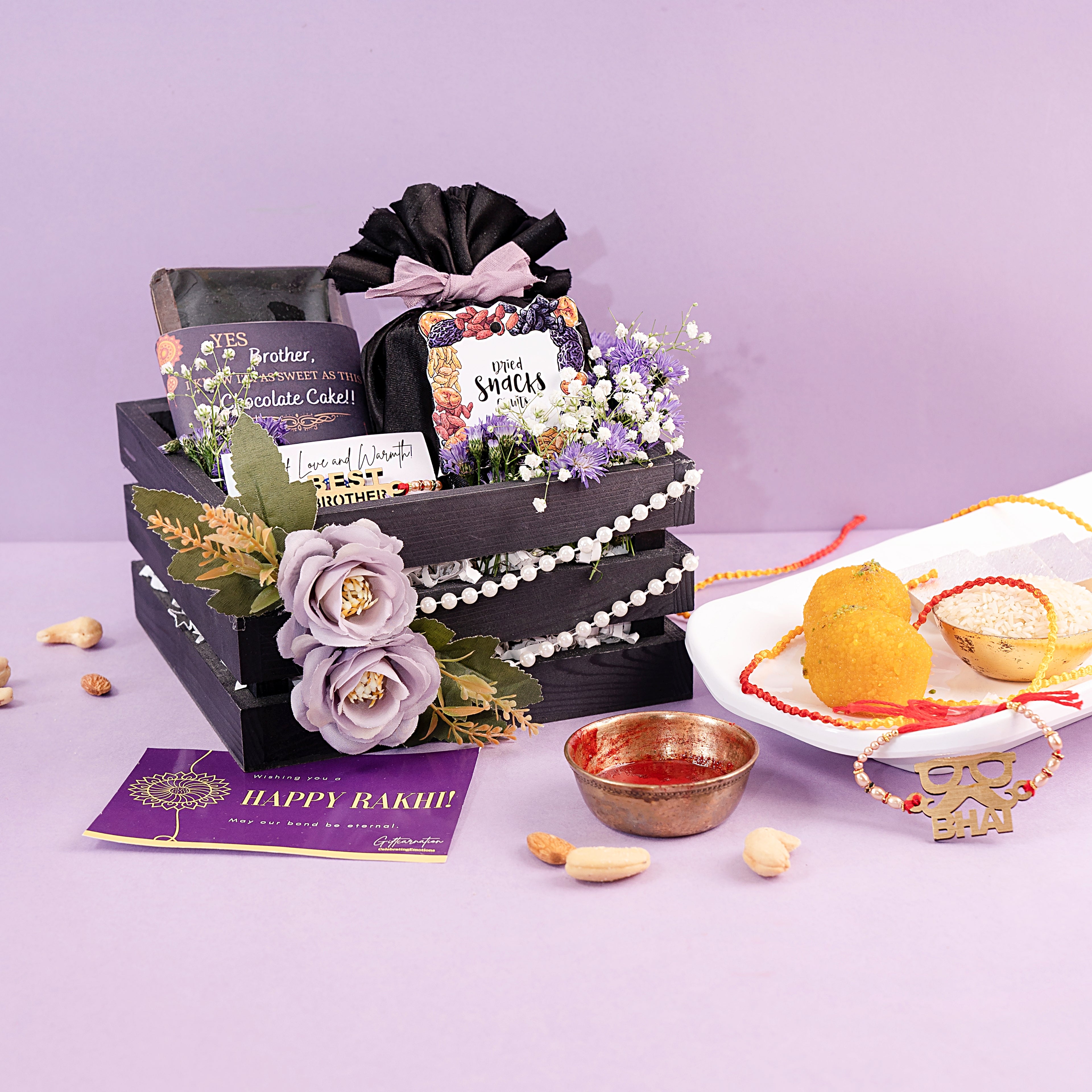 Purple Theme Rakhi Gift Combo for Brother| Rakhi with Dry Fruit Jar, Dry Cake & Gift Box