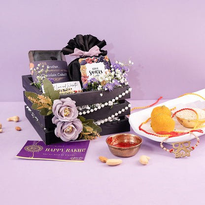 Purple Theme Rakhi Gift Combo for Brother| Rakhi with Dry Fruit Jar, Dry Cake &amp; Gift Box
